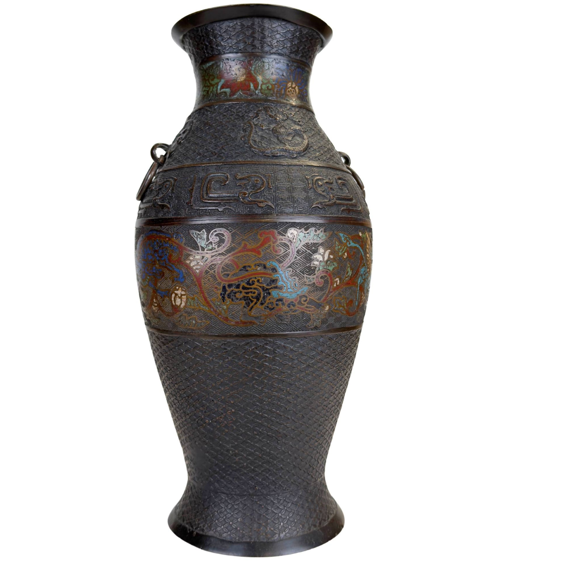 Große japanische Bronzevase mit Champlevé-Emaille, dunkler Patina und dekorativem Band mit ostasiatischen Fabelwesen