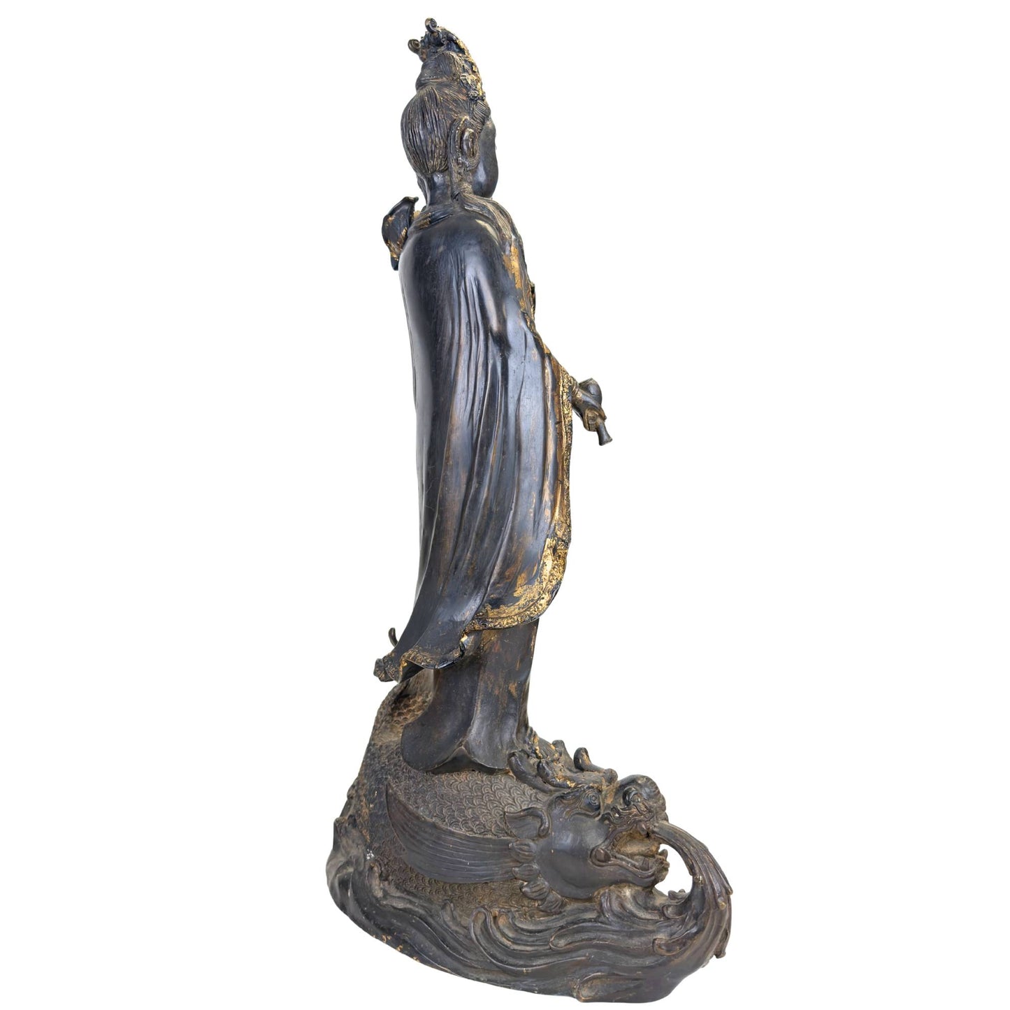 Große ostasiatische Guanyin auf einem Drachenfisch, Bronzestatue aus der ersten Hälfte des 20. Jahrhunderts