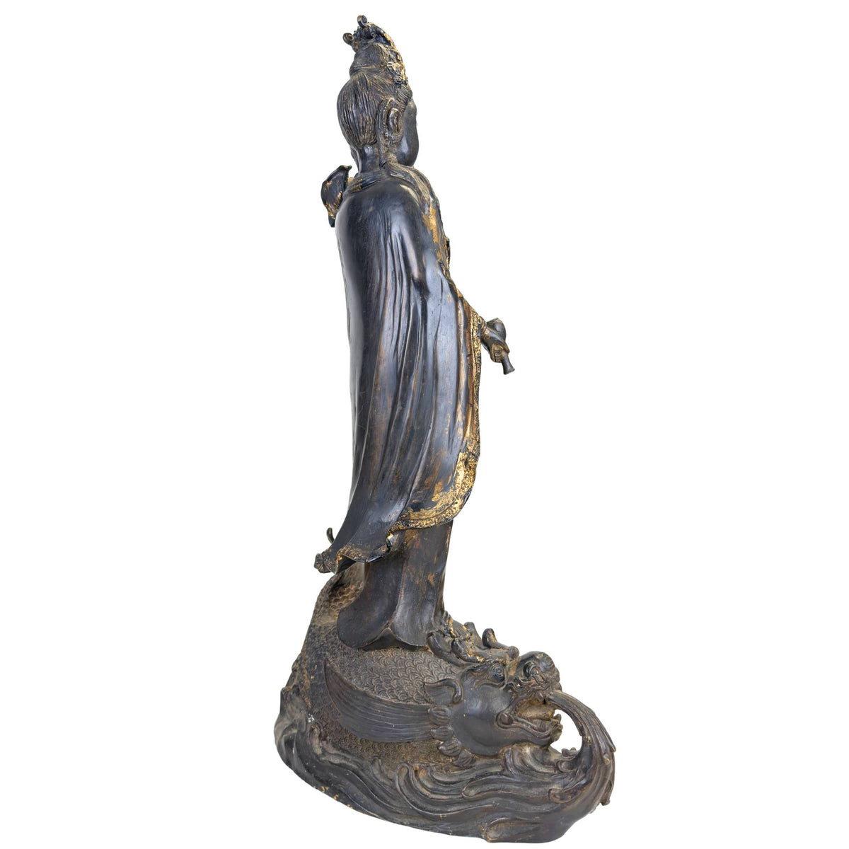 Große ostasiatische Guanyin auf Drachenfisch, Bronze-Statue aus der ersten Hälfte des 20. Jahrhunderts