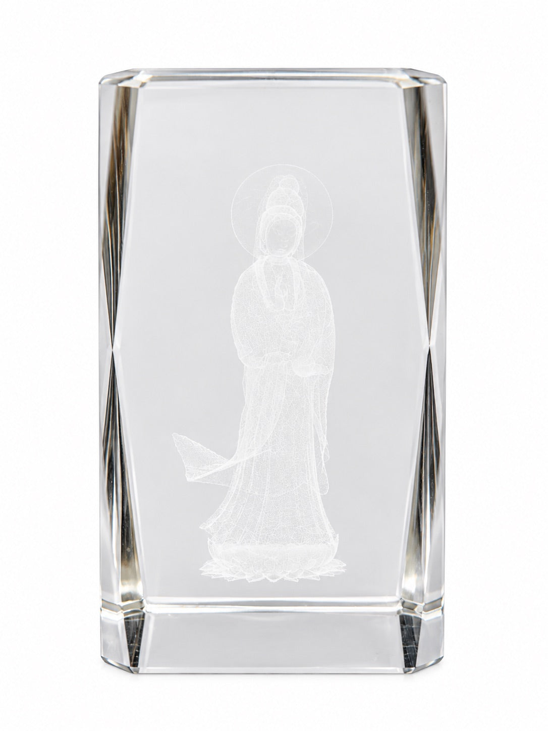 3D-lasergravierte Guanyin in klarem optischem Kristallglas, Frontalansicht mit Halo und Lotussockel