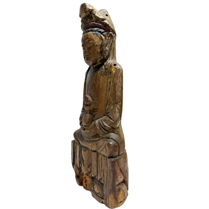 Antike Guanyin-Holzskulptur mit rituellem Hintergrund und Charakter