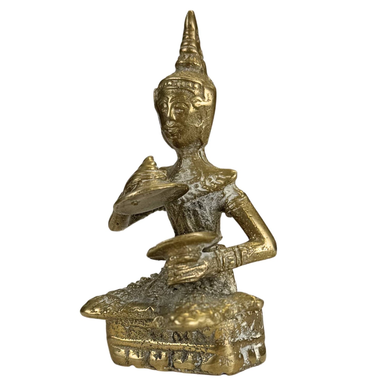 Handgefertigter thailändischer Bronzemusiker mit traditionellen Kleidungsdetails