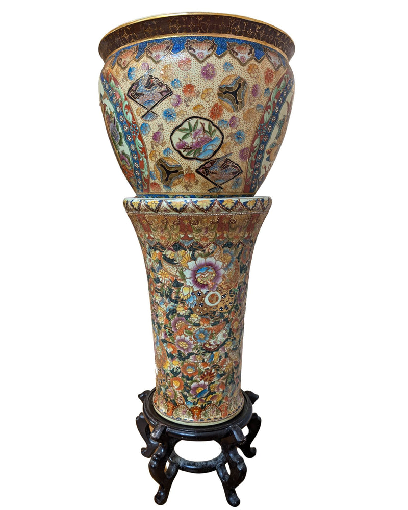 Antike japanische Satsuma Jardinière auf Säule – Meiji Taisho-Periode – ca. 1890–1920