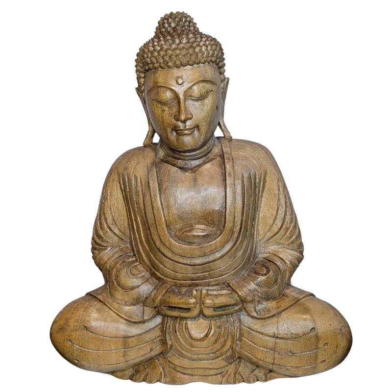 Handgeschnitzte Buddha-Statue aus Holz aus Südostasien, um 1950, in Dhyana Mudra.
