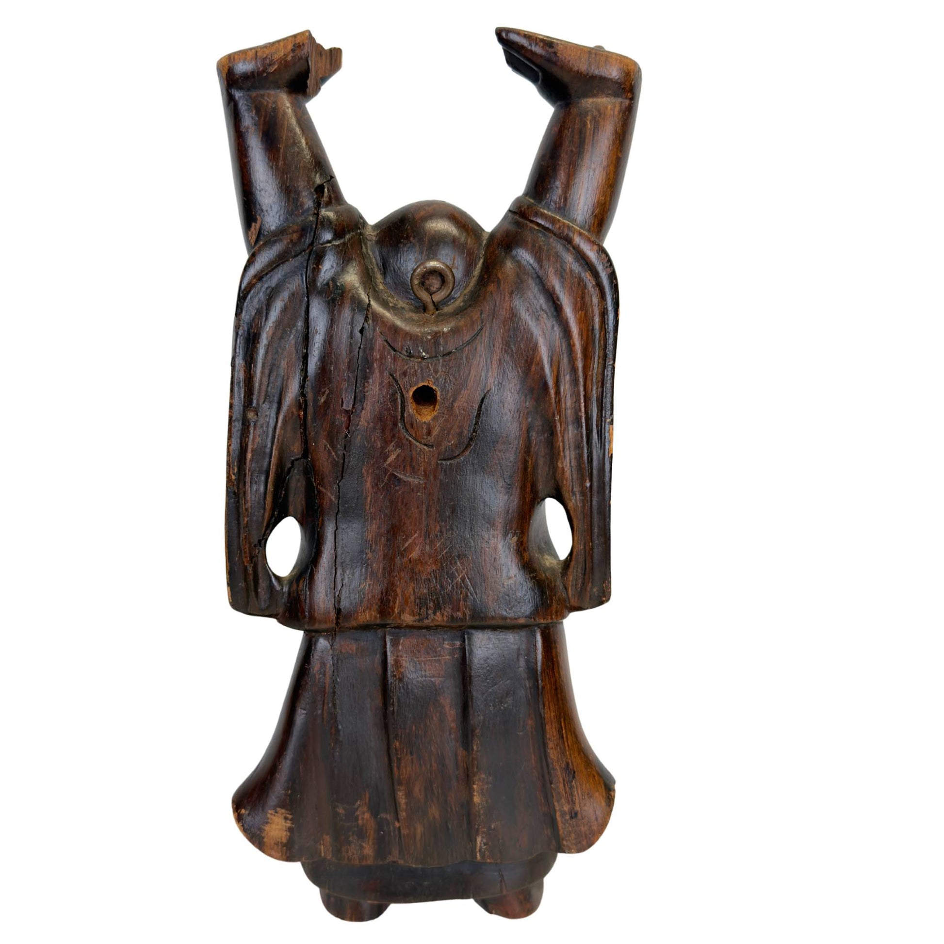 Handgeschnitzter lachender Buddha aus Holz mit dickem Bauch, Lächeln und erhobenen Armen