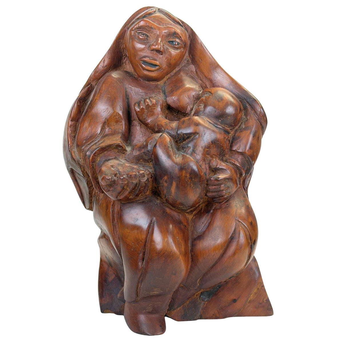 Handgeschnitte Madonna mit Kind Skulptur aus schwerem tropischem Hartholz