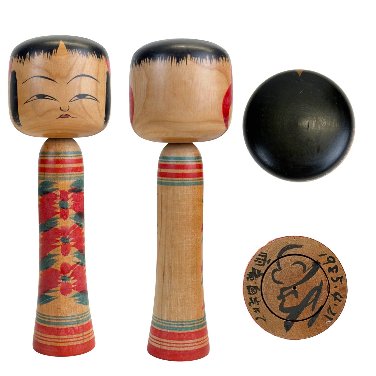 Hijiori Kokeshi-Puppe von Masaie Sato, Vorder- und Seitenansicht, 1985