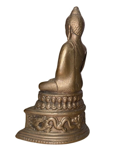 Bronzene Buddha-Statue aus dem Himalaya mit Drachenmotiv und dekorativem Sockel