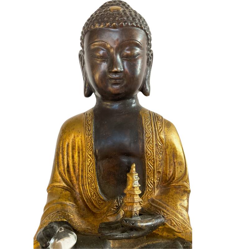 Himalaya-Buddha aus Bronze mit Stupa- und Kristallelementen