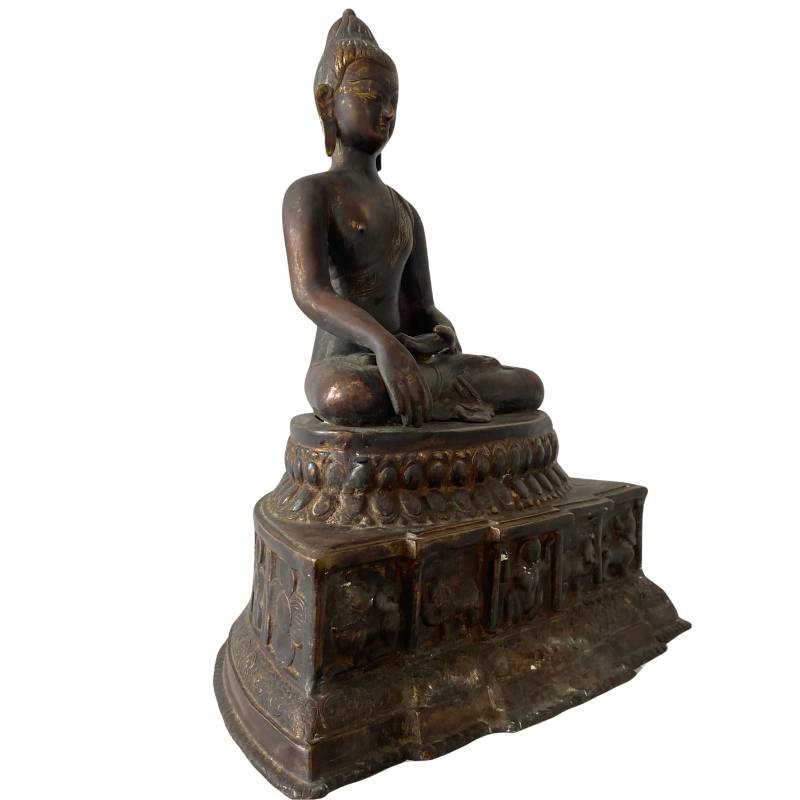 Himalaya-Buddha aus Bronze mit Thron und alter Patina, Dhyana-Mudra