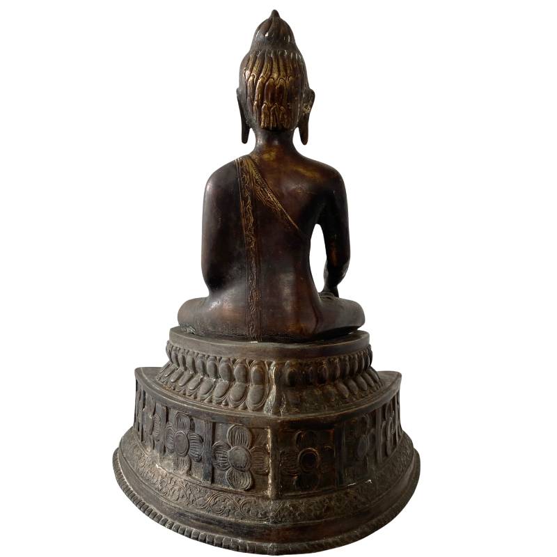 Himalaya-Buddha aus Bronze mit Thron und Tiermotiven, alte Oberfläche und Patina, Dhyana-Mudra
