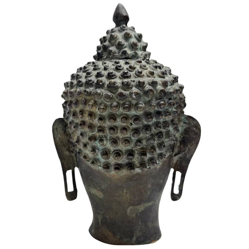 Himalaya-Buddha-Kopf aus Bronze, alte Gebrauchsspuren, Patina, spirituelle Kunst