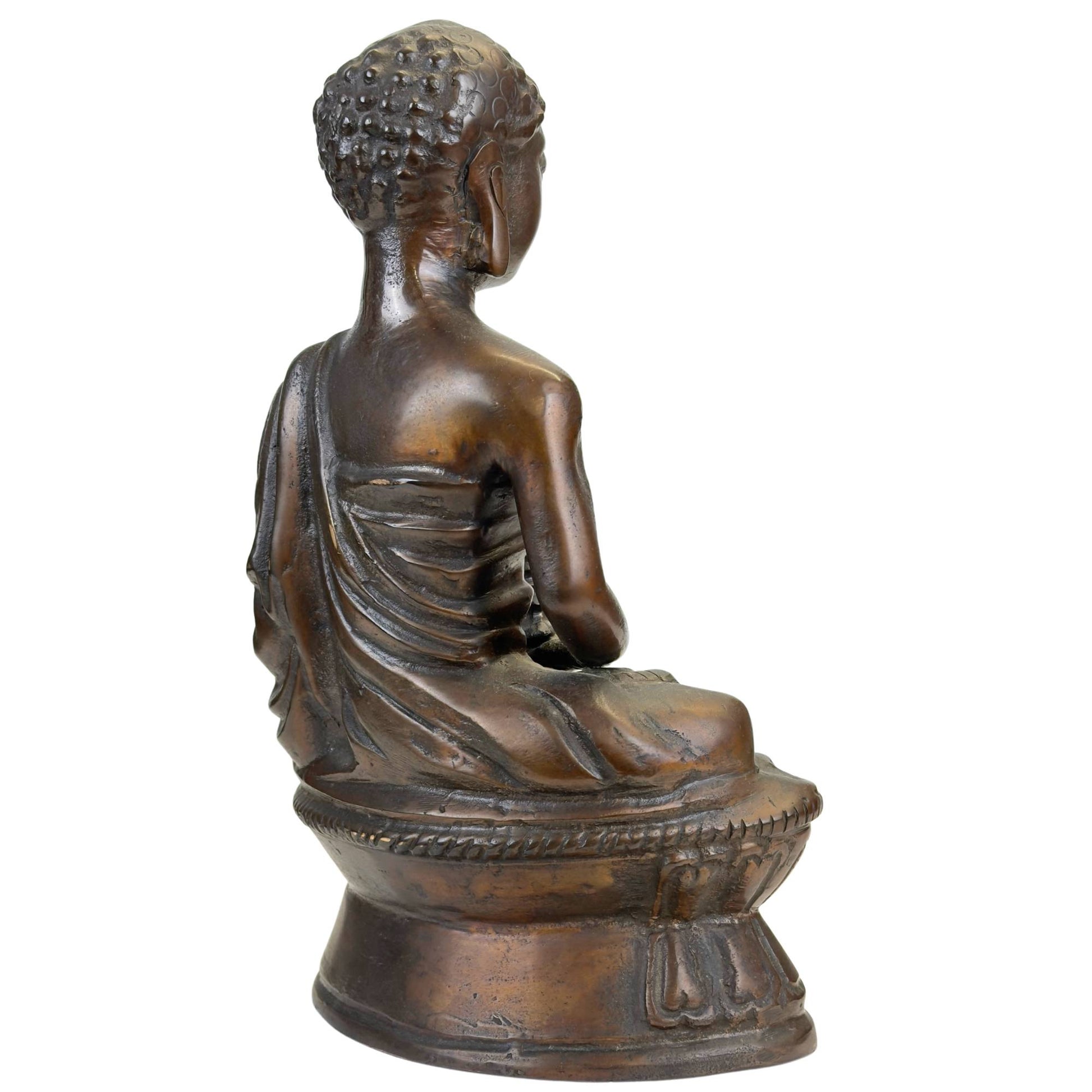 Buddha-Statue aus Bronze im Himalaya-Stil mit alter Patina, Oxidationsspuren und sichtbaren Gebrauchsspuren aufgrund des Alters
