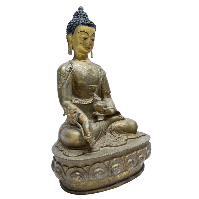 Bronzener Arzt-Buddha auf einem doppelten Lotussockel mit natürlicher Patina