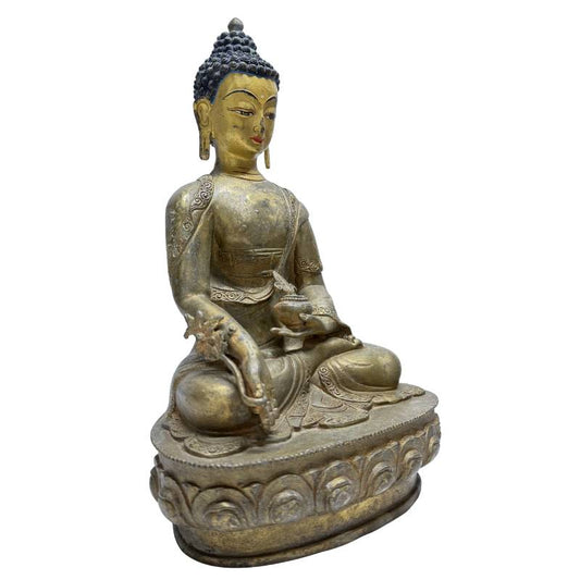 Bronzener Arzt-Buddha auf einem doppelten Lotussockel mit natürlicher Patina