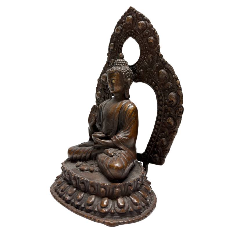 Himalaya-Buddha aus Bronze auf Lotussockel mit Dhyana-Mudra und alter Patina
