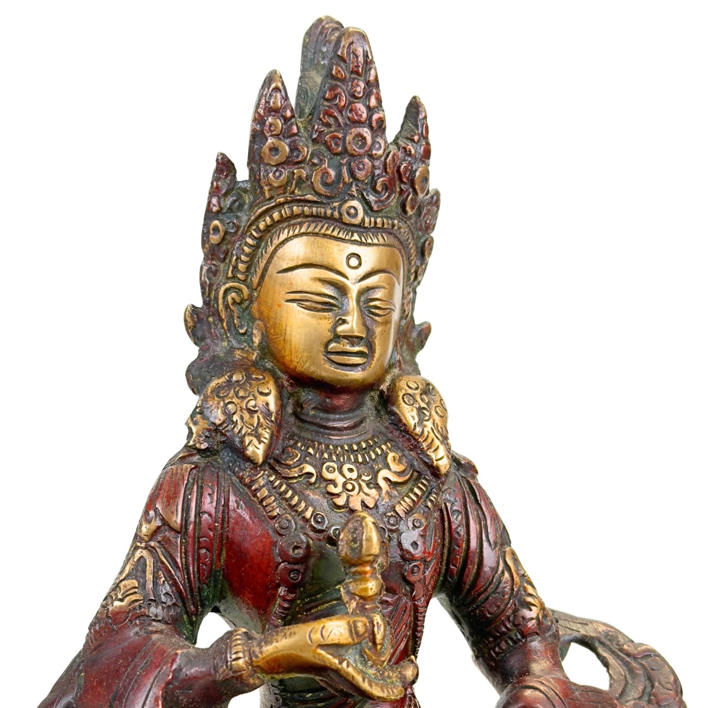 Himalaya-Vajrasattva-Statue mit breitem Lotussockel, roter Patina, vergoldeten Details und rituellem Attribut
