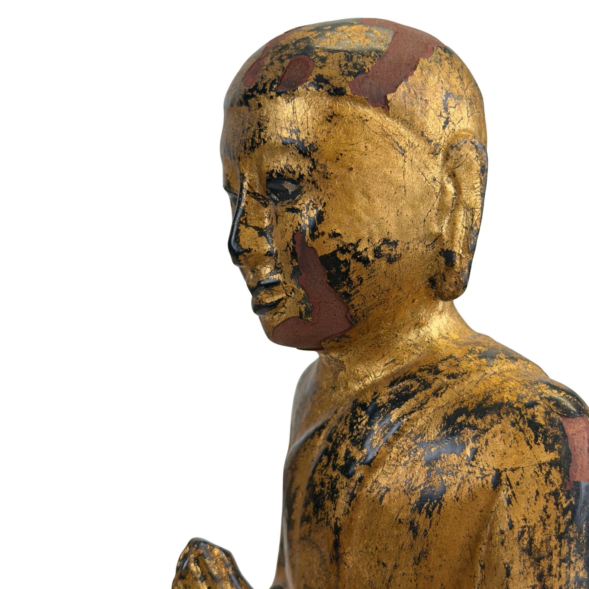 Historischer Mönch aus Burma aus dem 19. Jahrhundert, geschnitzt aus massivem Teakholz
