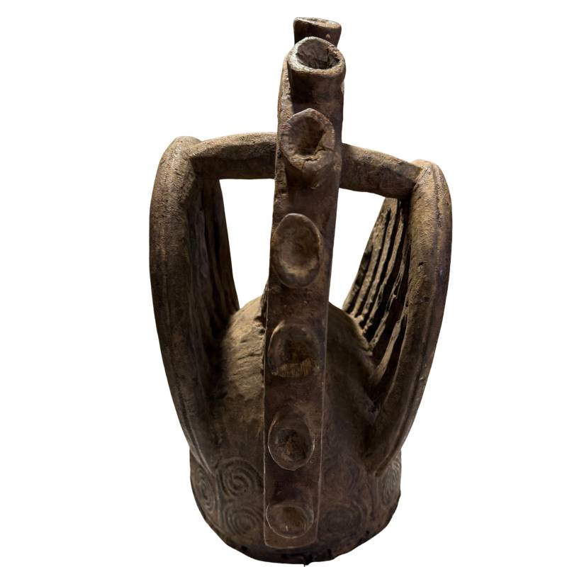 Afrikanische Tanzmaske aus Holz, Ritualmaske mit durchbrochenem Kopfschmuck und authentischen Gebrauchsspuren
