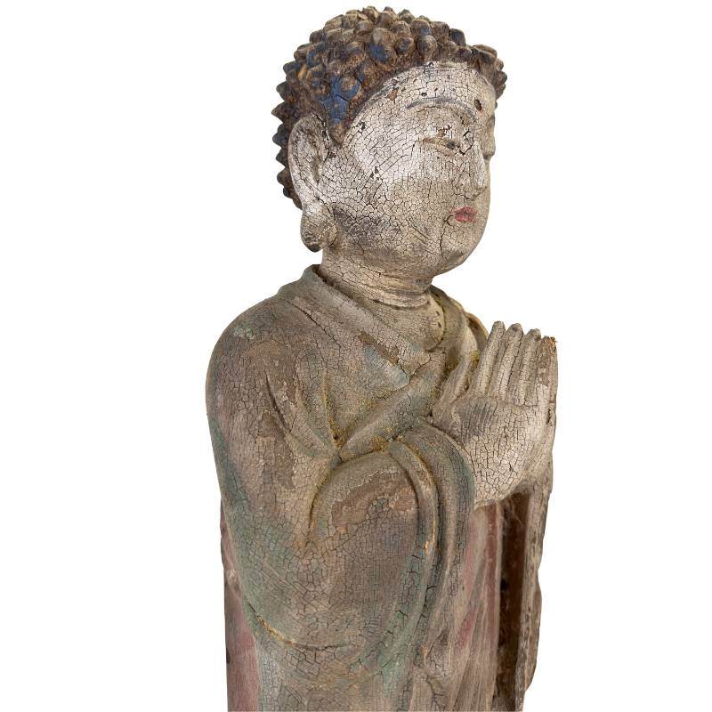 Antike Buddha-Statue aus Holz aus China mit Lotussockel