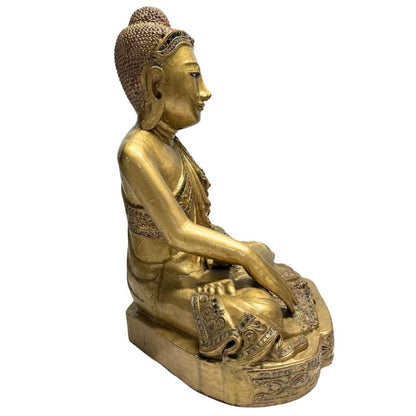 Holz‑Buddha‑Statue mit Glaseinlage und dekorativen Details