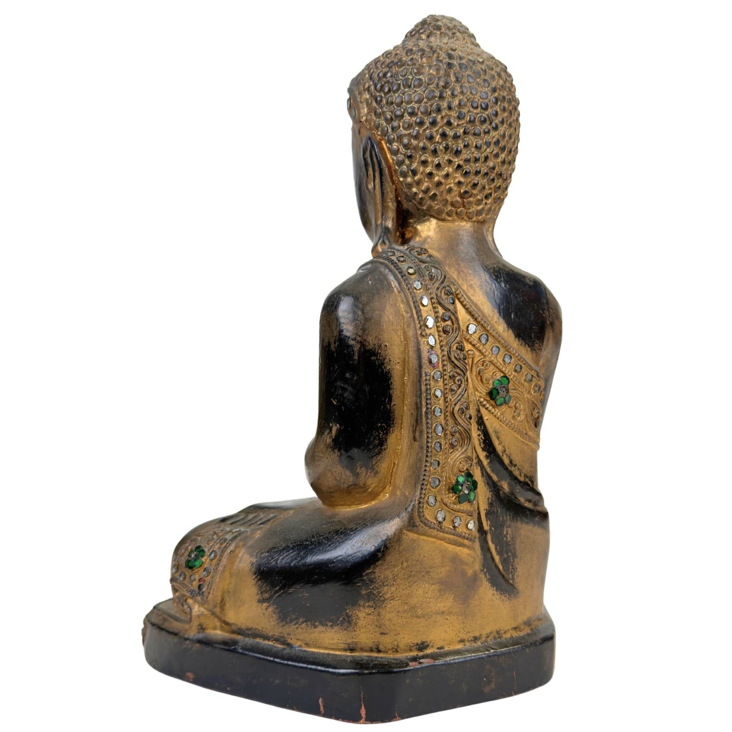 Buddha aus Holz in Mandala-Form mit schwarzem Lack und goldfarbenen Details
