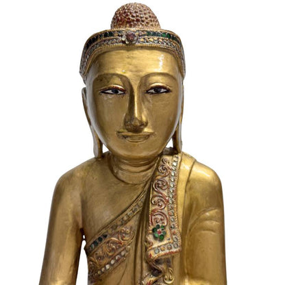 Holz‑Buddha‑Statue mit Glaseinlage und vergoldeten Details