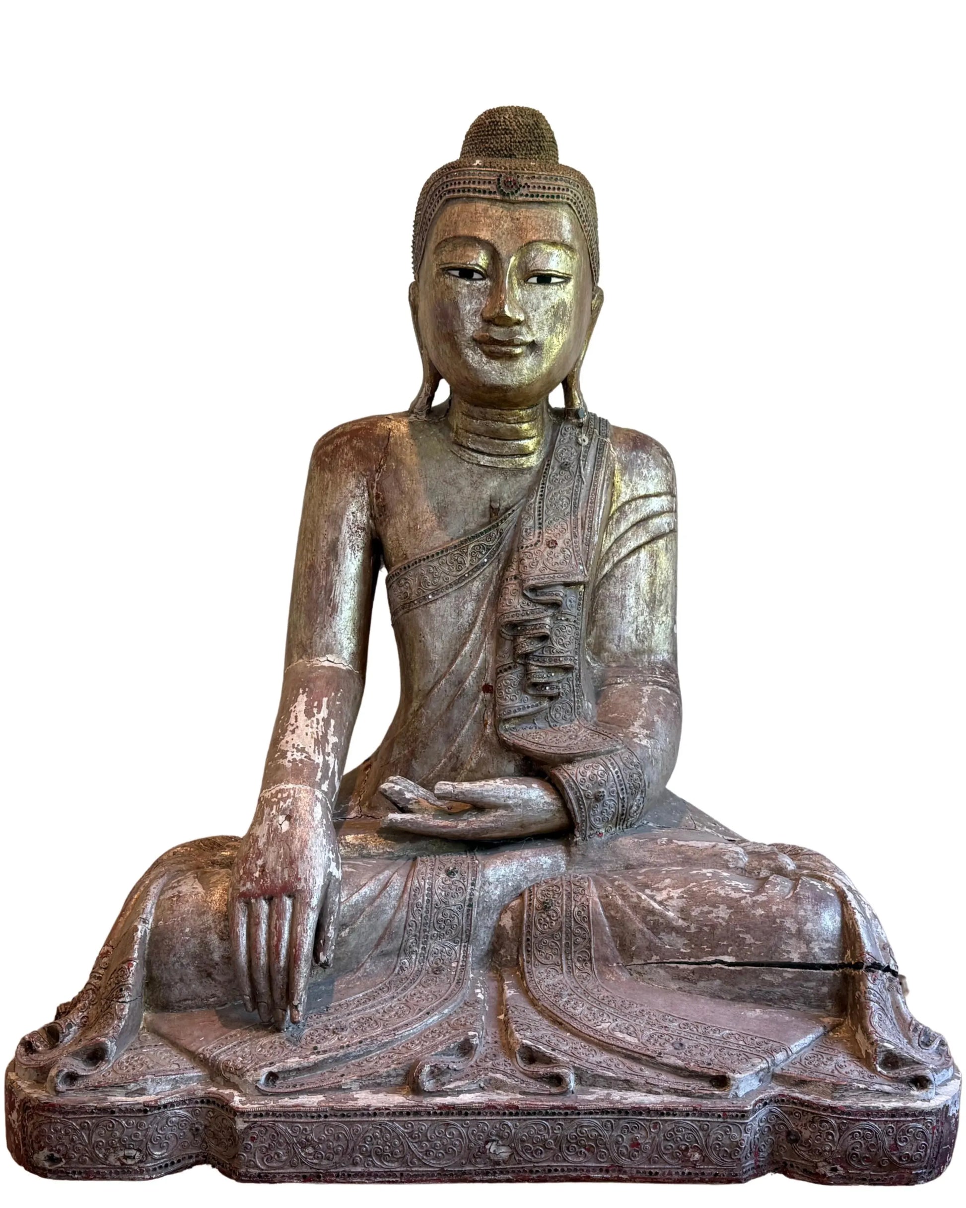 Buddha-Statue aus Holz im Mandalay-Stil aus Myanmar, 120 cm, antike Tempelstatue