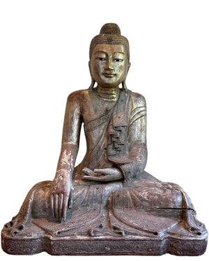 Großer antiker Holz-Buddha 120 cm – Mandalay mit eingelegten Augen.