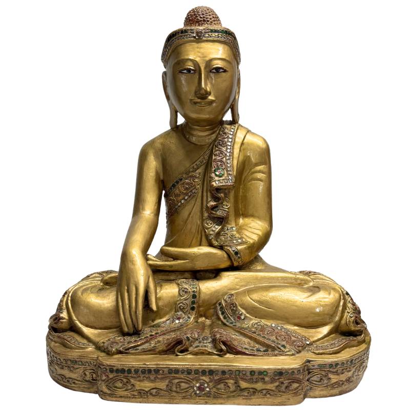 Buddha-Statue aus Holz aus Myanmar mit Vergoldung und Glaseinlagen

Holzige Buddha-Statue aus Myanmar mit Vergold