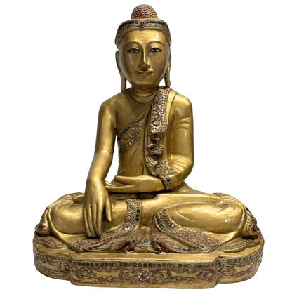 Holz‑Buddha‑Statue aus Myanmar mit Vergoldung und Glasinlage