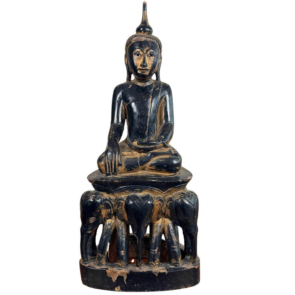 North Thai wooden Lanna Buddha on an elephant throne, black lacquer and gold leaf, front view