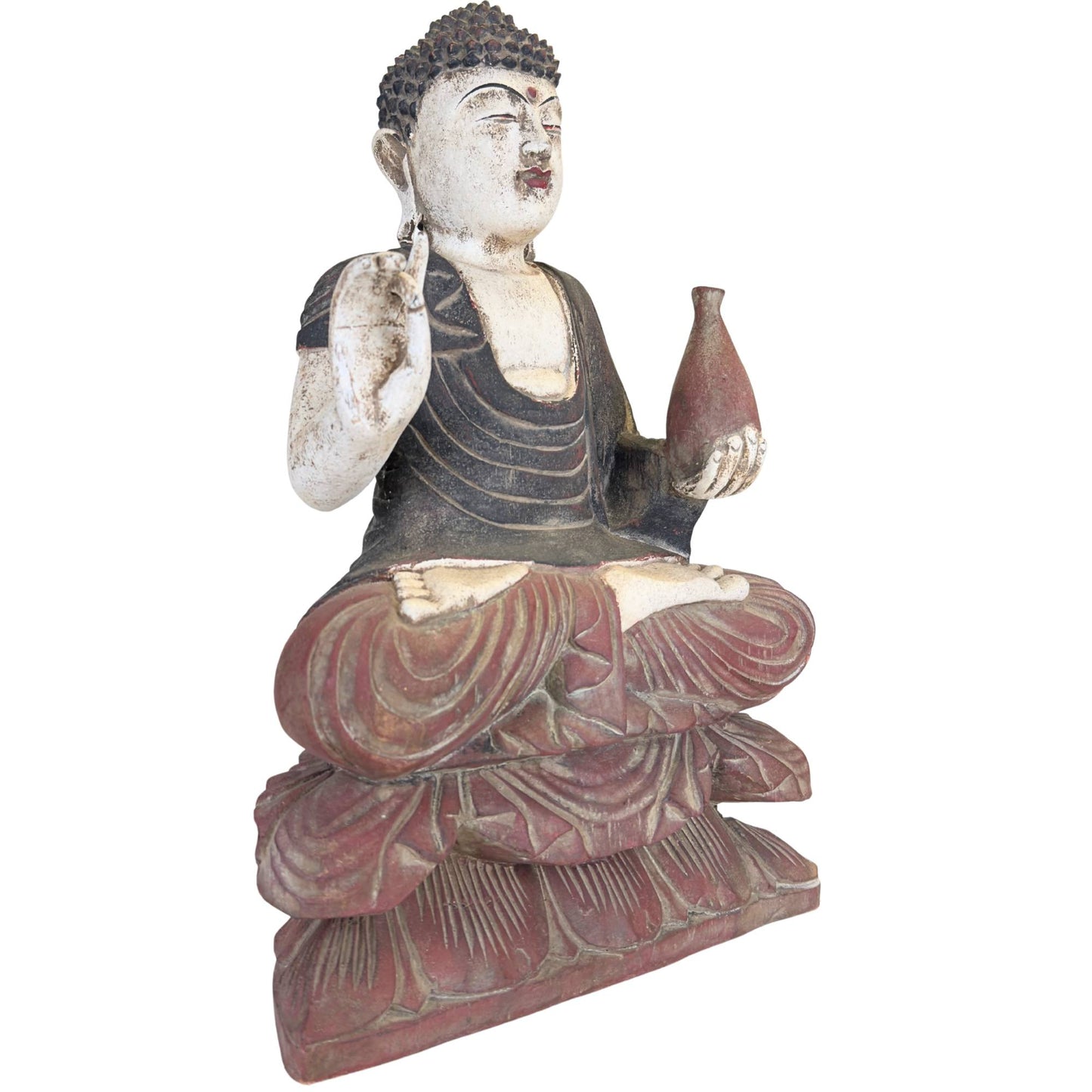 Chinesische Buddha-Statue aus Holz mit einer Vase in der Hand und einem reich verzierten Sockel aus doppelten Lotusblüten.