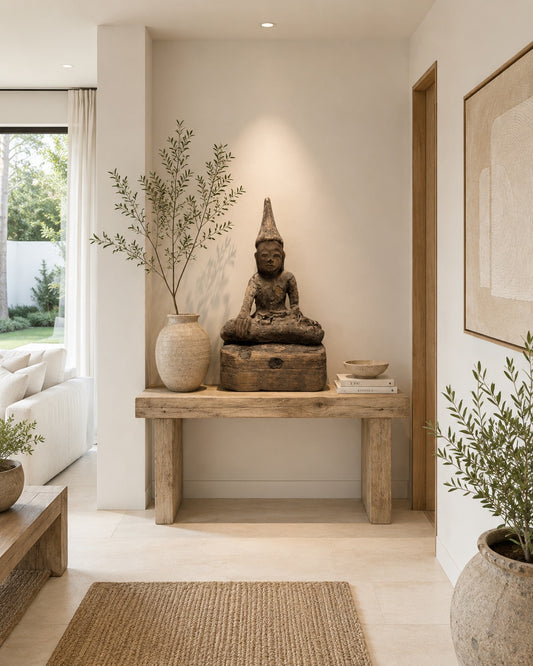 Buddha aus Holz vom Typ Shan mit Bhumisparsha-Mudra, Symbol für Standhaftigkeit und Schutz