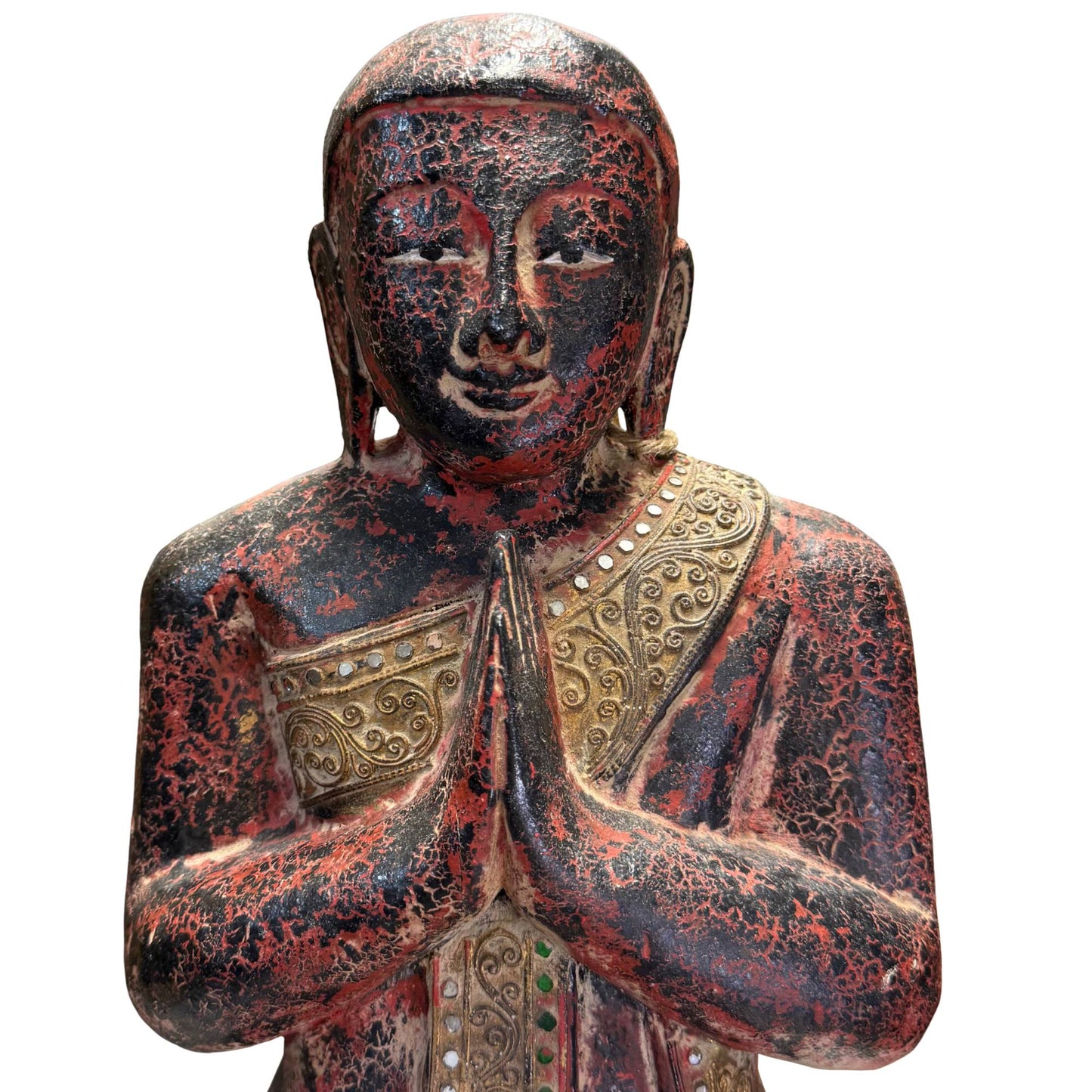 Handgeschnitzte Tempelstatuen aus Holz aus Burma aus dem 19. Jahrhundert.