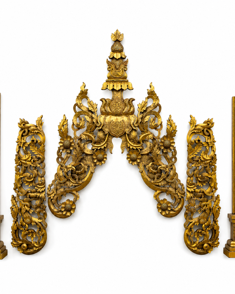 Monumentaler burmesischer Tempelgiebel-Ensemble (5-teilig, ca. 200 cm hoch) – Mandalay-Stil (ca. 1900)