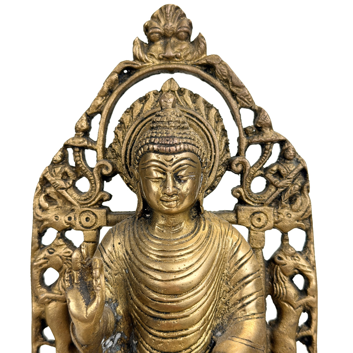 Kirtimukha und Makara-Dekor über dem Kopf der indischen Buddhafigur