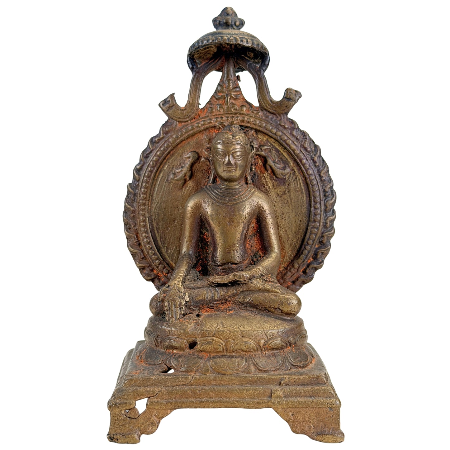 Vorderansicht eines indischen Ratnasambhava Buddha des 19. Jahrhunderts im Pala-Revival-Stil