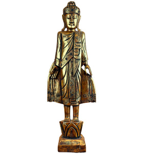 Indonesischer stehender Holz-Buddha – Vergoldet & Spiegelglas – ca. 1980 – 108 cm