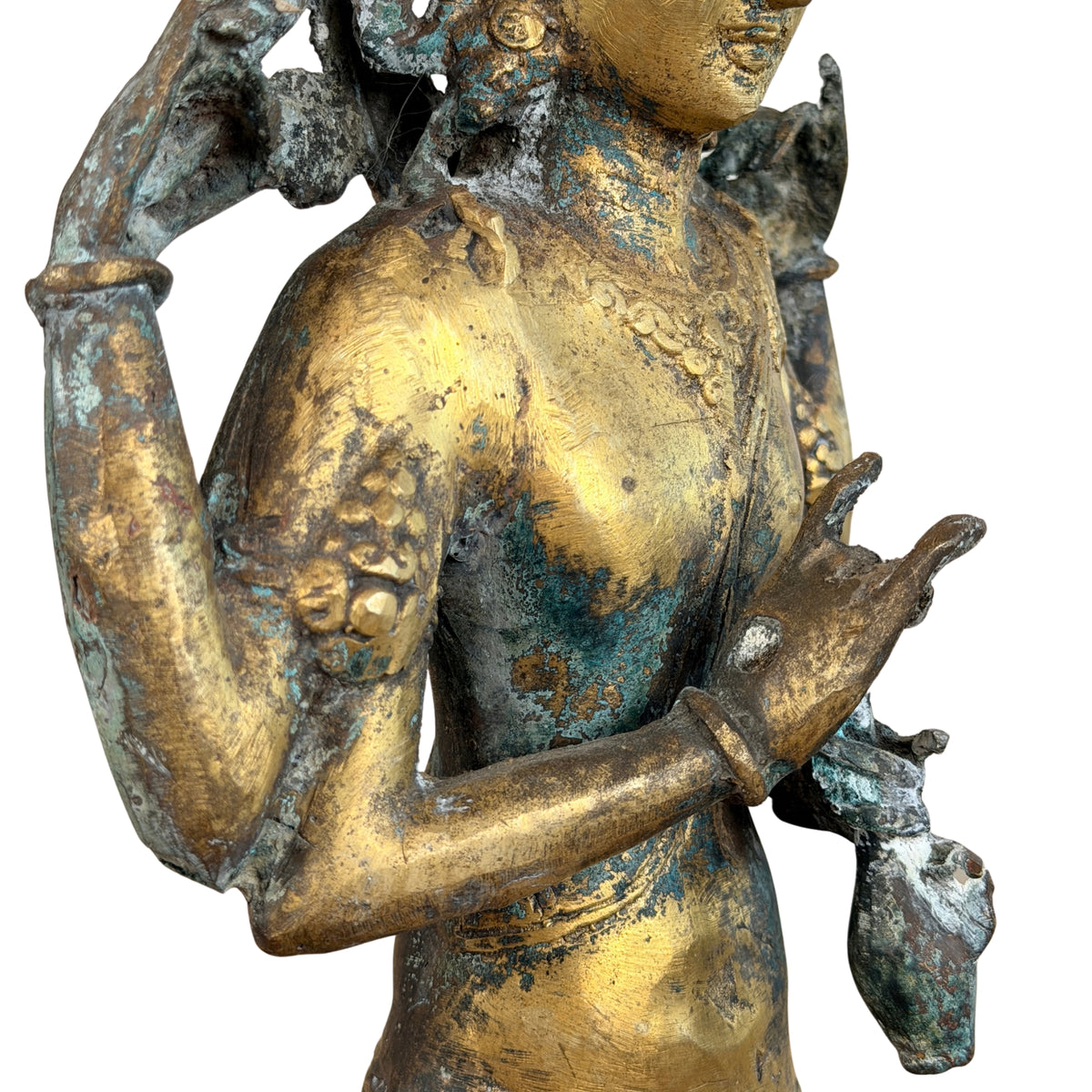 Bovenlichaam driekwart van rechts, met opgeheven arm en onderste hand, detail