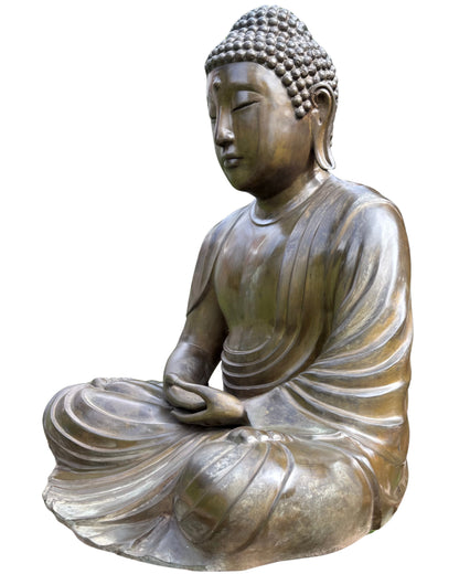 Große bronzene Buddha‑Statue aus der japanischen Schule mit kraftvoller Sitzhaltung