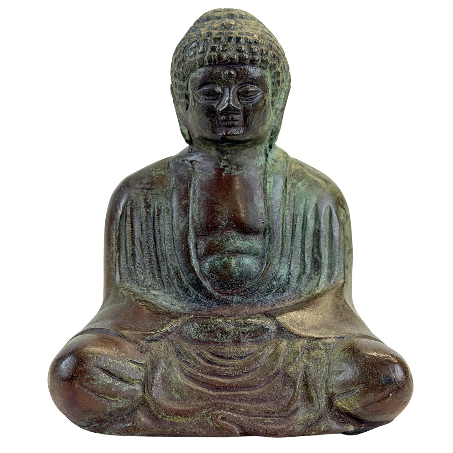 Frontalansicht des sitzenden japanischen Bronze-Buddhas mit Meditationsgeste