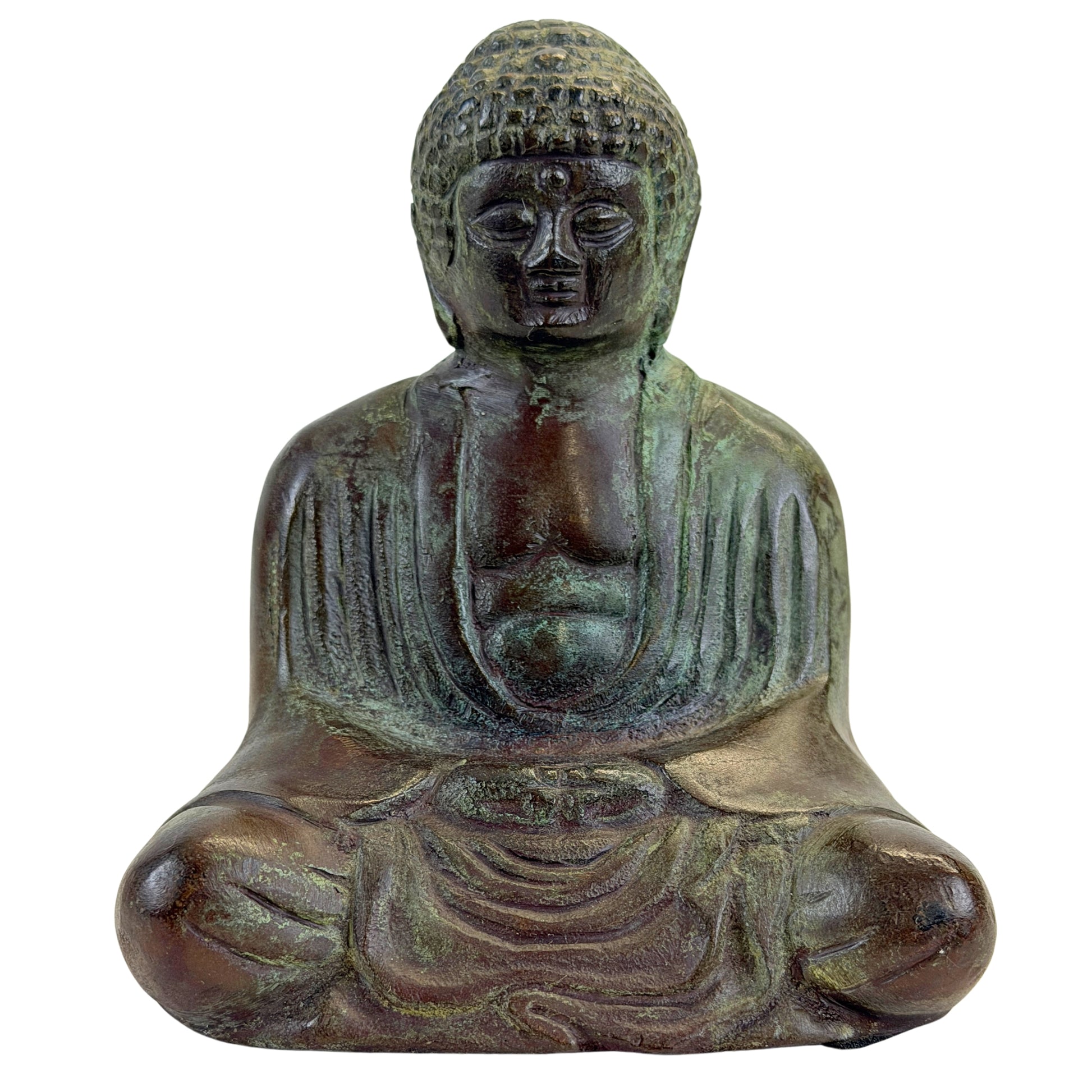 Frontalansicht des sitzenden japanischen Bronze-Buddhas mit Meditationsgeste