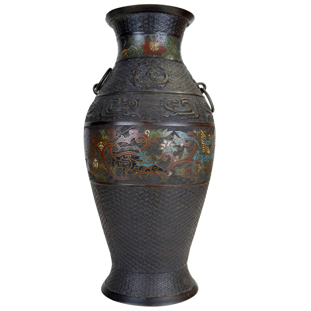 Große japanische bronzene Champlevé‑Vase mit bunten Fabeltieren, dunklem patinierten Bronze und dekorativem Emailleband