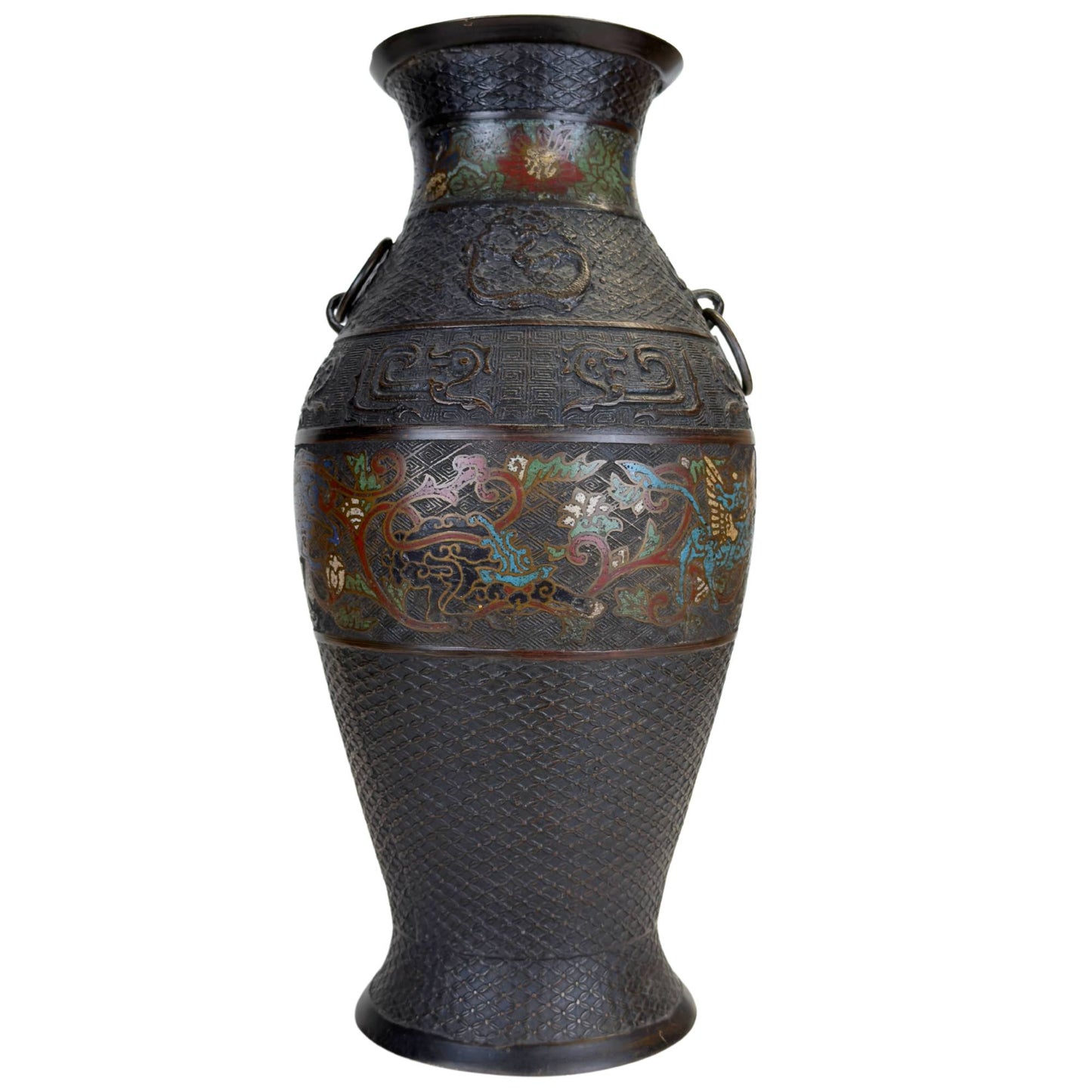 Große japanische Champlevé-Vase aus Bronze mit farbenfrohen Fabelwesen, dunkel patinierter Bronze und dekorativem Emailleband