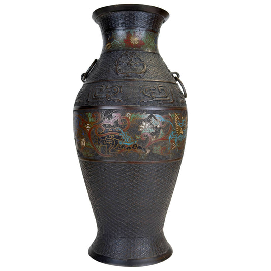 Große japanische Champlevé-Vase aus Bronze mit farbenfrohen Fabelwesen, dunkel patinierter Bronze und dekorativem Emailleband