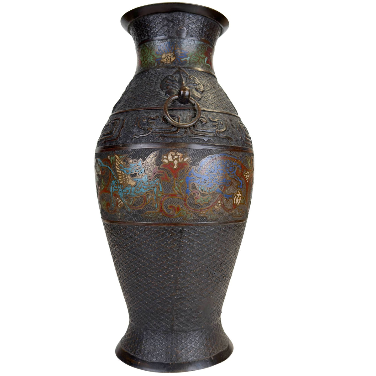 Japanese bronze champlevé vase with ring handle, archaic motifs and colorful enamel decoration around the body