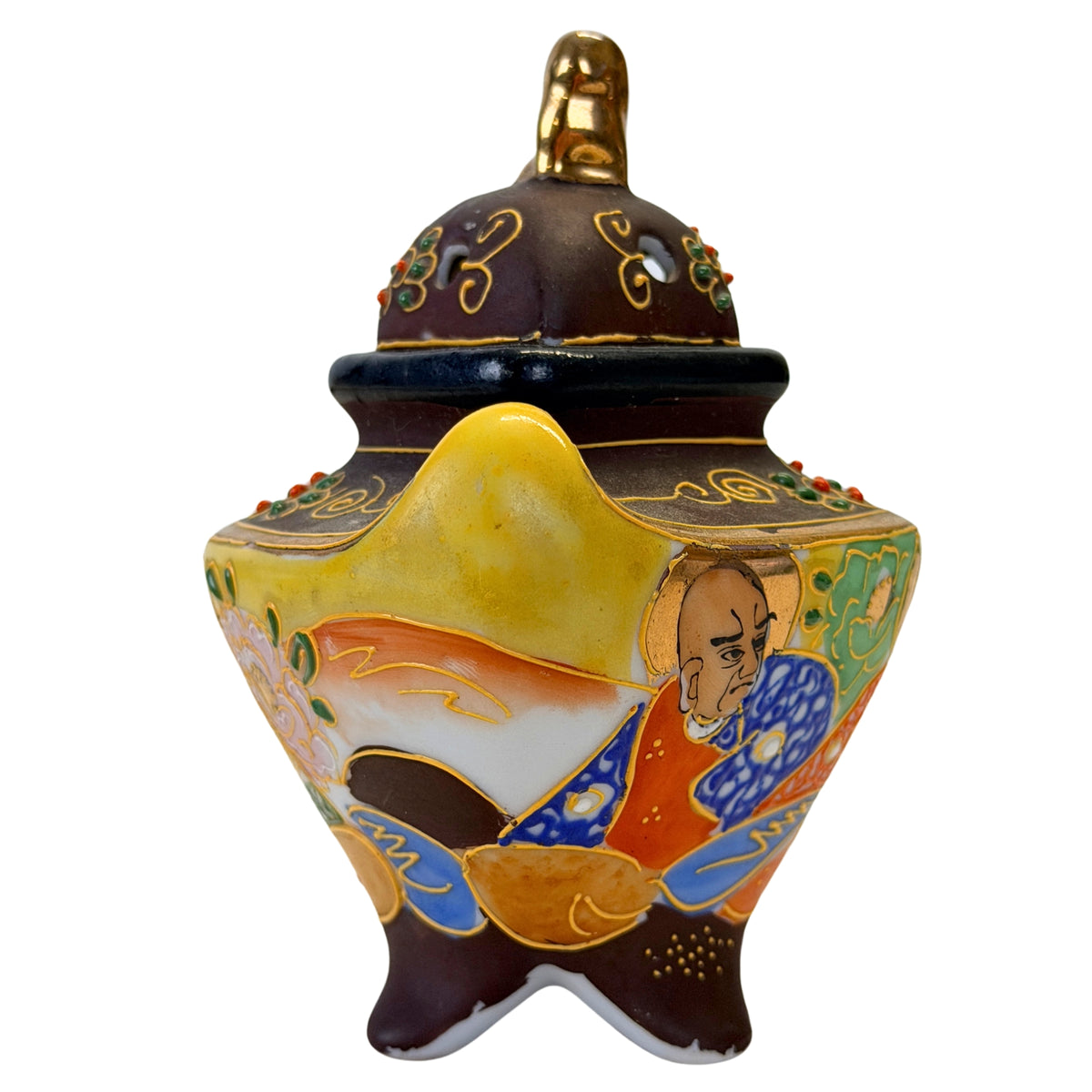 Seitenansicht des japanischen Räuchergefäßes mit polychromer Figurenmalerei und Goldakzenten