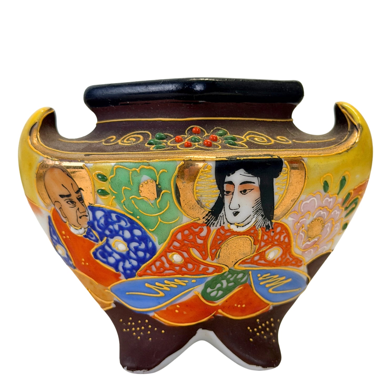 Handbemalter japanischer Koro mit sitzenden Figuren, Blüten und erhabenen Goldkonturen