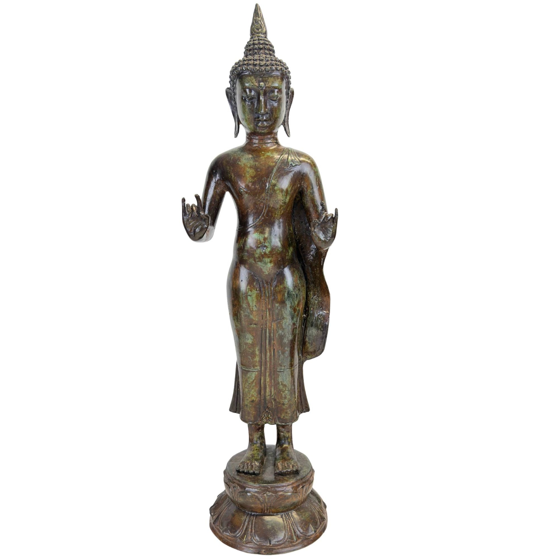 Vorderansicht des antiken javanischen Buddha im Majapahit-Revival-Stil, 58,5 cm hoch.